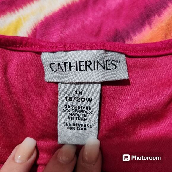 Catherine's Maxi Dress Wmns SZ 1X Rainbow Keyhole Neck Hankerchief Hem Bold - Picture 5 of 5